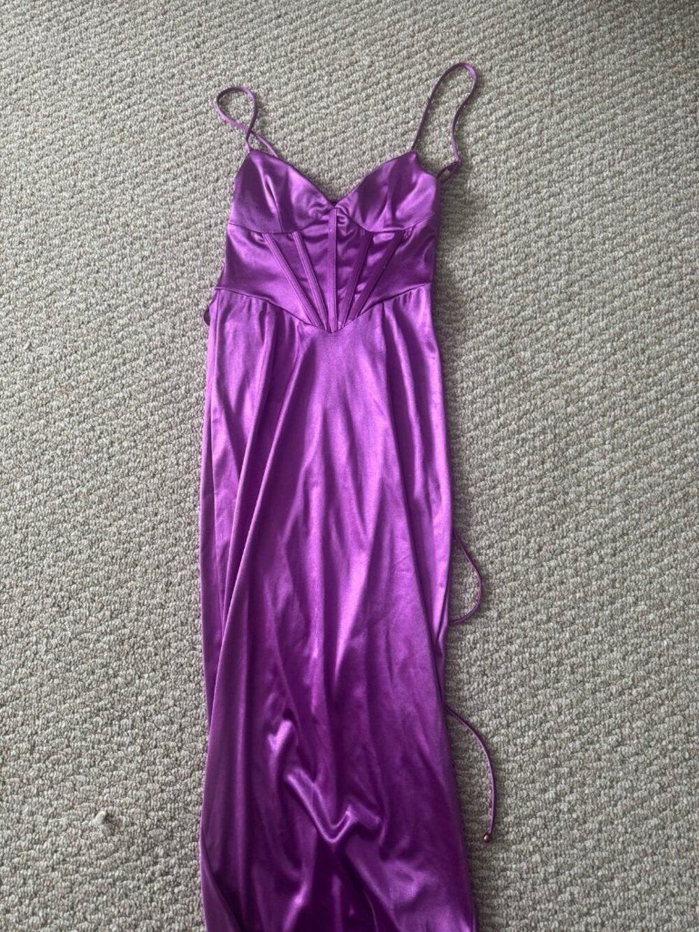 Angel Biba Purple Satin Corset Maxi Dress with Lace Up Back and Slit